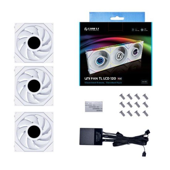 Kit de 3 Ventiladores Lian Li 12TLLCD3W, Uni Fan TL LCD, 3X120MM, RGB, 1900RPM, Color Blanco