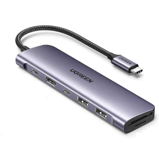 HUB USB-C Ugreen 15214, 7 En 1, 2 USB-A 3.0, 1 USB-C 3.0 (5GBPS), 1 USB-C PD Carga 100W, HDMI 4K, Lector Tarjetas SD + Micro SD