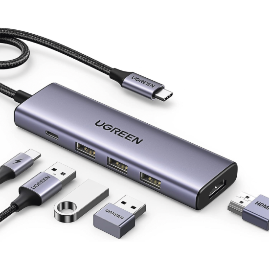 HUB USB-C 5 en 1 Ugreen 15596, HDMI 2.0, USB-A 3.0, USB-C PD Carga 100W, Cable de Nylon Trenzado de 25 CM, Carcasa de Aluminio