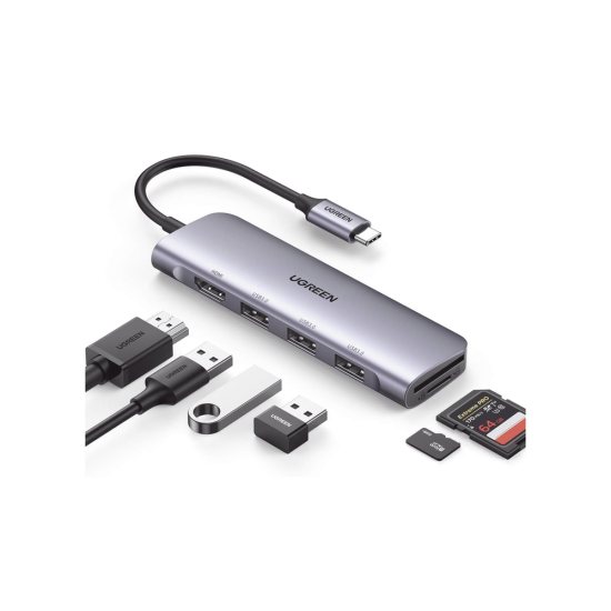 HUB USB-C 6 en 1 Ugreen 20956A 3 Puertos USB 3.0, Lector Tarjeta SD + Micro SD, Chip de Ultima Generacion, Caja de Aluminio