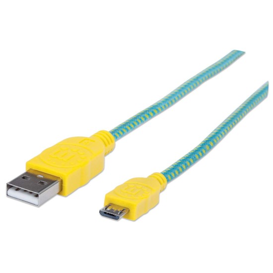 Cable Micro-B USB de 1 Metro Manhattan 352710, Color Turquesa/ Amarillo, de Alta Velocidad con Recubrimiento Textil