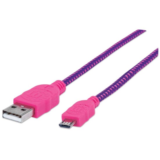 Cable Micro-B USB de 1.8 Metro Manhattan 352741, Color Rosa/ Morado, de Alta Velocidad con Recubrimiento Textil