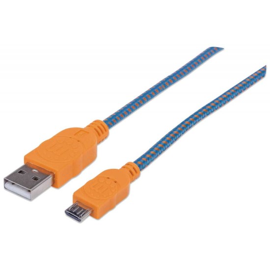 Cable USB V2.0 a - Micro B Alta Velocidad con Recubrimiento Textil 1M Manhattan 394024 Azul/ Naranja