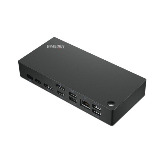 Docking station Lenovo 40AY0090US con conexión USB-C, incluye 3 puertos USB 3.1, 2 puertos USB 2.0, salida HDMI, 1 puerto RJ-45, 2 puertos DisplayPort. Color: Negro.