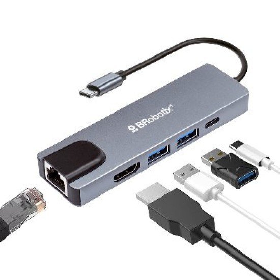 Docking Station Brobotix 5 en 1 USB V3.0 Tipo C a HDMI/ USB V3.0 X2/ USB Tipo-C/ RJ45 Gigabit/ Plata, 6000694