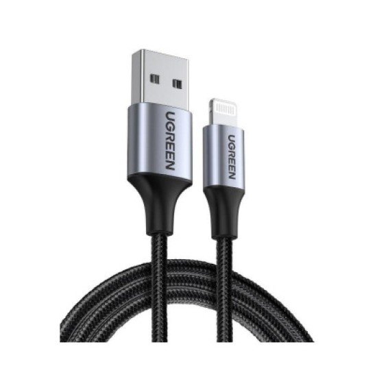 Cable USB USB-A a Lightning Ugreen 60156, 1 Metro, Carga Rápida 5V/2.4 A, 480 Mbps, Conector C94, Adecuado para iPhone, iPad y iPod, Nylon Trenzado, Color Negro