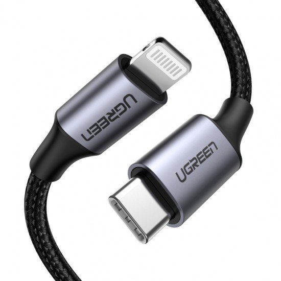 Cable USB-C a Lightning, UGREEN 60759, 1 metro, carga rápida 60W, 480 Mbps, conector C94, adecuado para iPhone, iPad y iPod, caja de aluminio, nylon trenzado, color negro