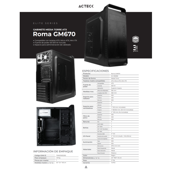 Gabinete Acteck Roma GM670 Midi Tower/ Atx/ Usb 3.0/ Fuente 500w/ Color Negro, AC-932592