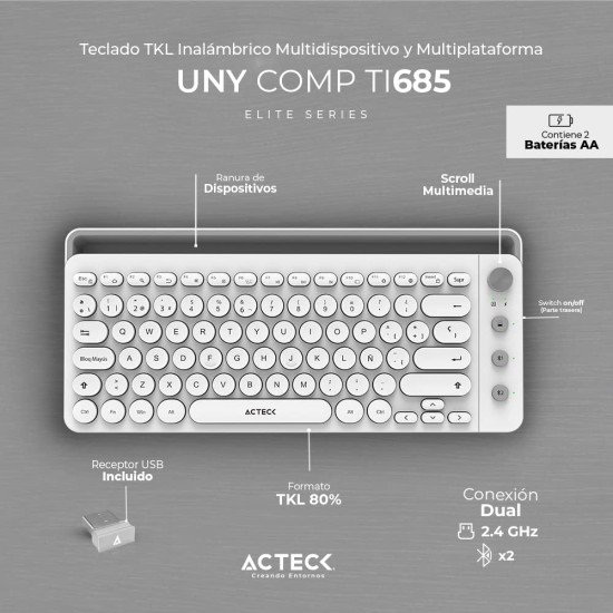 Teclado Inalámbrico TKL Acteck Uny Comp TI685 AC-934190 / Dual / Multidispositivo / Español / Blanco