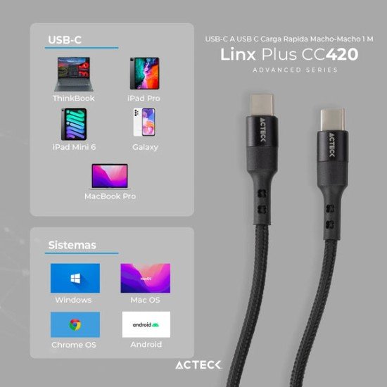 Cable USB C Macho - USB C Macho Acteck AC-934855, 1.80 Metros, Negro