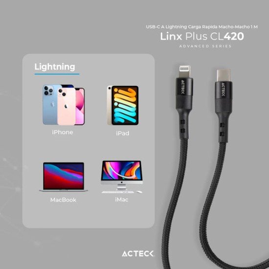 Cable USB-C Macho a Lightning Macho Acteck AC-934862, 1.80 Metros, Negro