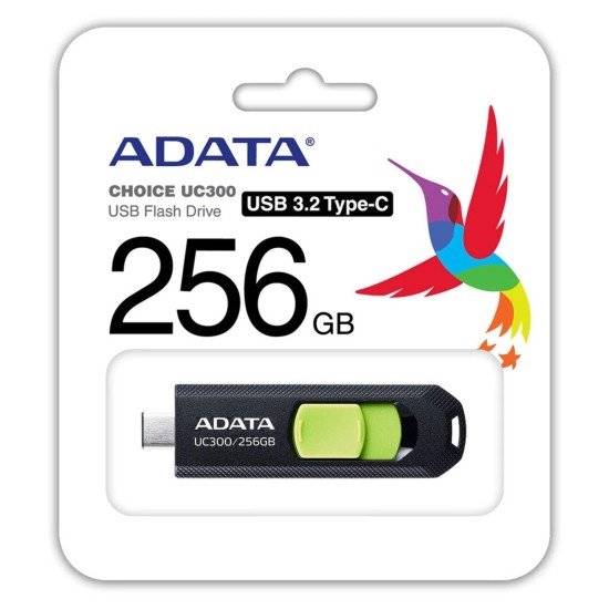 Memoria USB Tipo-C 3.2 256GB Adata UC300 Negro/Verde, ACHO-UC300-256G-RBK/GN