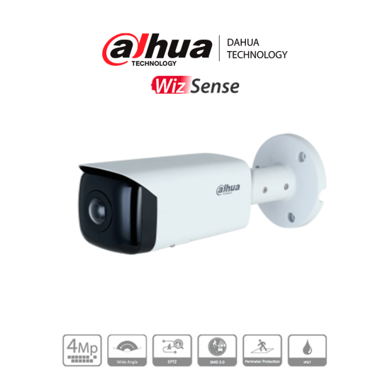 Camara IP Bullet Dahua DH-IPC-HFW3441T-AS-P, Resolucion 4MP/ Lente 2.1 MM/ 180°/ IR 20 MTS/ IA WizSense/ POE/ WDR/ H.265+/ IP67/ Microfono