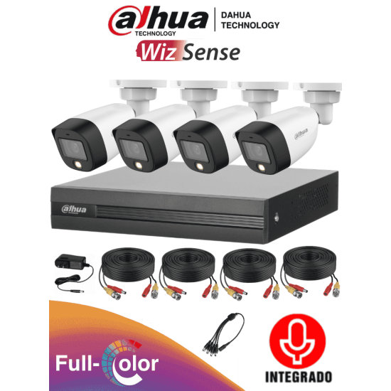 Kit de 4 Canales Dahua DH-KIT/XVR1B04-I/4-HFW1239CN-A-LED-0280B, 2MP/ Full Color/ Con Audio/ Con Microfono Integrado/ DVR Cooper-I Wizsense/ 4 CH + 1 IP/ 4 CH SMD Plus