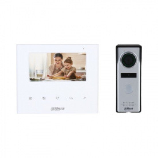 Kit de videoportero analógico DAHUA DHI-KTA04, pantalla 4.3", botones touch, frente de calle de 1.3 MP, apertura de puerta, IP66, indicador LED, botón de salida y detección de estatus de puerta, múltiples sonidos de timbre