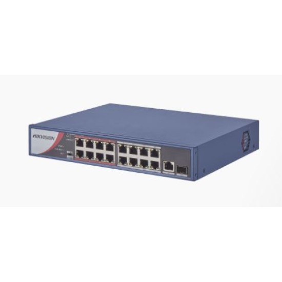 Switch POE Hikvision 16 Puertos 802.3 AF/AT (30 W) 10/100 MBPS+1 Puerto Gigabit+1 Puerto SFP, 300 Metros Larga Distancia, DS-3E0318P-E/M(B)