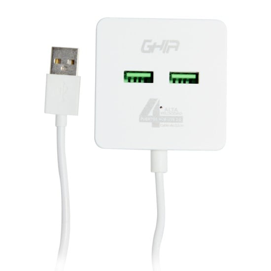 Hub USB 2.0 Macho Ghia GAC-168 con 4 Puertos USB 2.0 Blanco Cable 0.50 CM