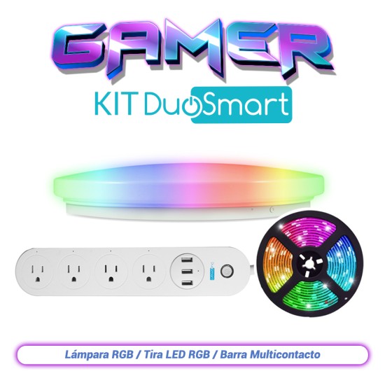 Kit de Iluminacion Gamer, Duosmart Gamer KIT, 1 Lampara RGB S20, 1 Tira LED RGB S30 y Una Barra Multicontacto B50