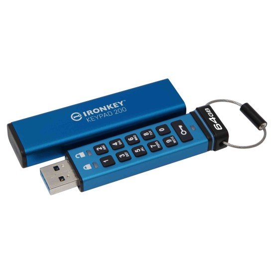 Memoria USB 64GB Kingston IKKP200/64GB IronKey Keypad 200, USB3.2/IP68/Color Azul