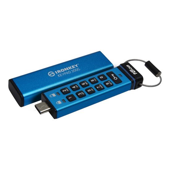 Memoria USB-C 16GB Kingston IKKP200C/16GB Ironkey Keypad 200C, USB Tipo C/IP68/Color Azul