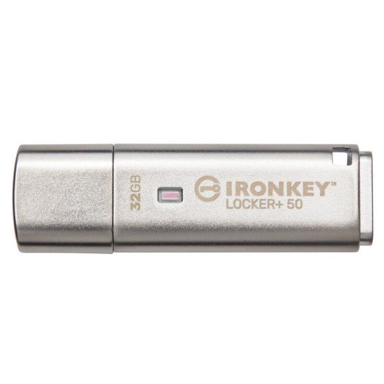 Memoria USB 32GB Kingston IKLP50/32GB, IronKey Locker+50, XTS-AES-USBTOCLOUD, color plata