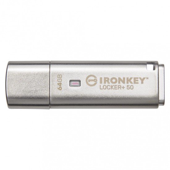 Memoria USB 64GB Kingston IKLP50/64GB, Locker+50, XTS-AES-USBTOCLOUD, color plata