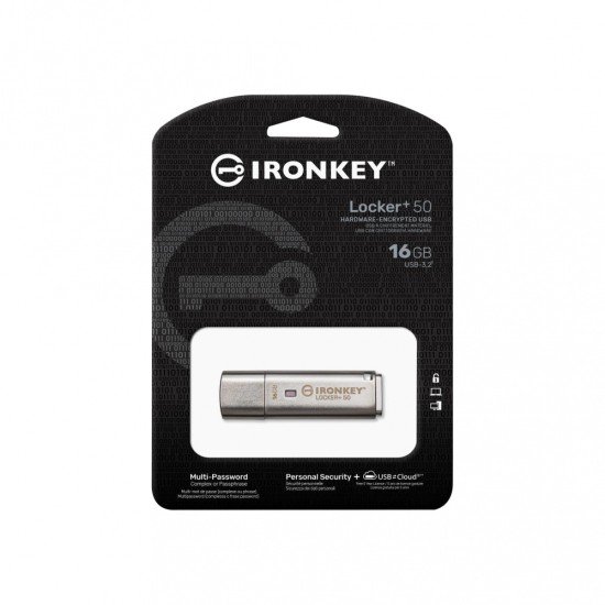 Memoria USB 16GB Kingston IKLP50/16GB, IronKey Locker+50, XTS-AES-USBTOCLOUD, color plata