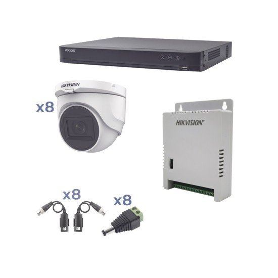 Kit DVR de 8 canales TurboHD 1080P + 8 cámaras Domo Hikvision, KH1080P8DW incluye: Transceptores, conectores, fuente de poder hasta 15 Vcd para larga distancia
