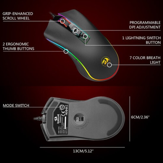Mouse Gaming Redragon RGB Cobra FPS, Alambrico/ 8 Botones/ 24,000DPI/ Negro, M711-FPS