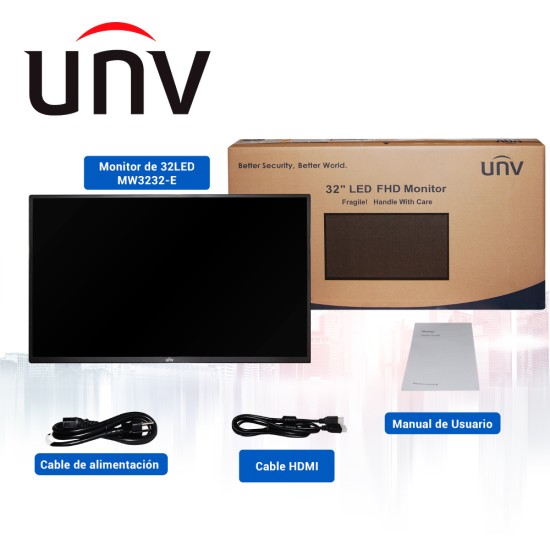Monitor 32" UNV MW3232-E LED/ Full HD/ HDMI/ DVI/ VGA/ Bocinas Integradas/ Compatible Vesa 200X300