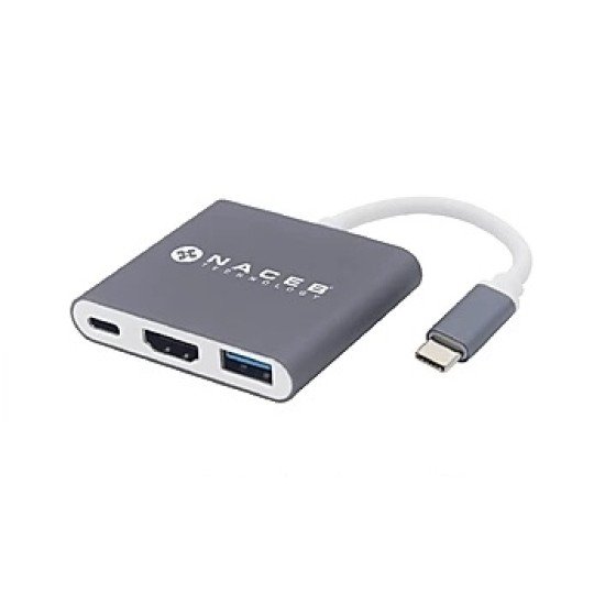 Adaptador USB Tipo-C a HDMI/ USB 3.0/ USB C + PD Naceb NA-0111, 5 GBIT/S, Color Gris/Blanco