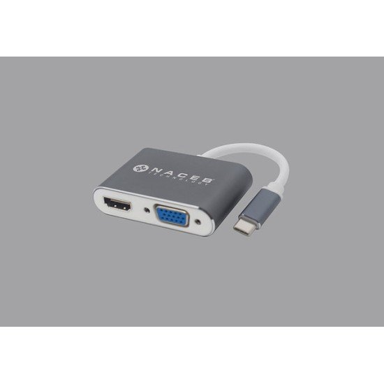 Adaptador USB-C Macho A HDMI + VGA Hembra Naceb NA-0113, HD 120HZ, FHD 30HZ, 4K a 30HZ, Color Gris/ Blanco