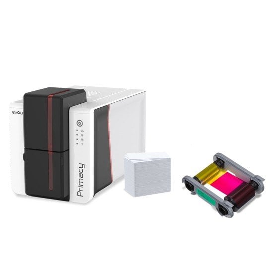 Kit Impresora de Tarjetas PVC Primacy 2 Evolis, 1 Ribbon de Color de 5 Paneles, 100 Tarjetas PVC, Software de Diseño Cardpresso XS Edition, PM2D-GP3-A