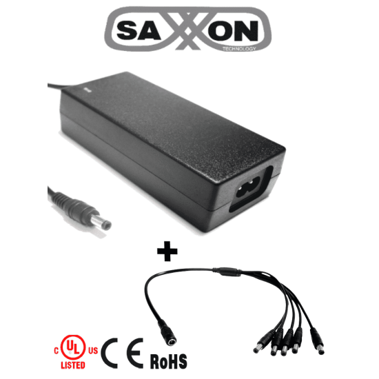 Paquete de Fuente de Poder Regulada de 12 VCC 4.1 Amperes + Divisor Para 5 Camaras Saxxon PSU1204D+PSWB08/ Color Negro/ Usos Multiples/ Certificacion UL
