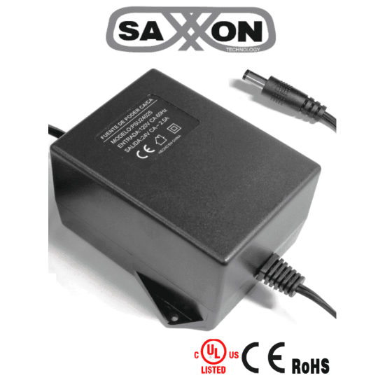 Fuente de Poder Saxxon PSU24025, 24 VCA a 2.5 Amperes, Cable de 2.5 Metros, Entrada 110 VCA, Proteccion Contra Sobre Cargas