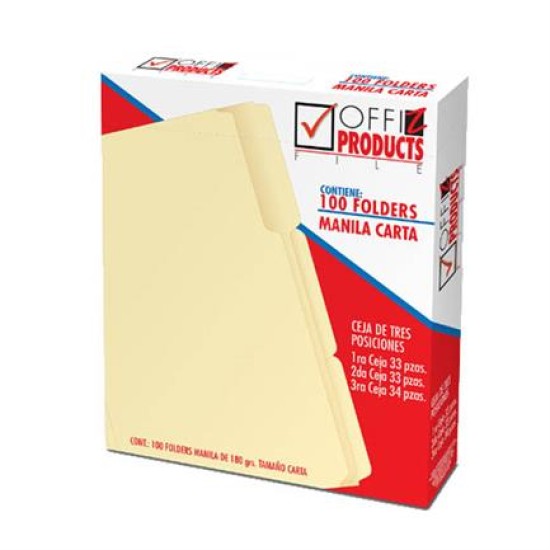 Paquete con 100 Piezas Folder Carta Offiz Manila PY1073 Color Crema 3 Posiciones