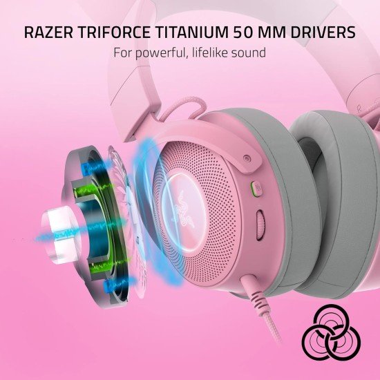 Diadema Gamer Con Microfono Razer Kraken Kitty V2 Pro/ Alambrico/ 2M/ RGB/ USB/ Color Rosa-Gris, RZ04-04510200-R3U1