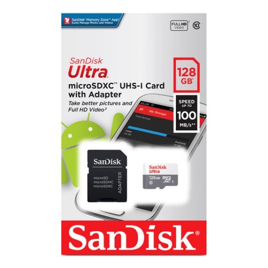 Memoria MicrosDXC 128GB Sandisk Ultra 100MB/S Clase 10 C/Adaptador, SDSQUNR-128G-GN3MA