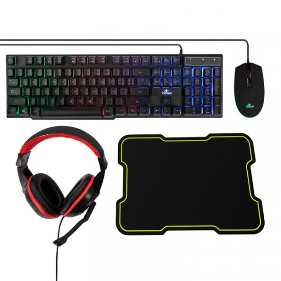Kit Gamer Teclado, Mouse, Audifonos y Mousepad Hydra Yeyian YKH-20708 RGB/ Alambrico/ USB/ Color Negro