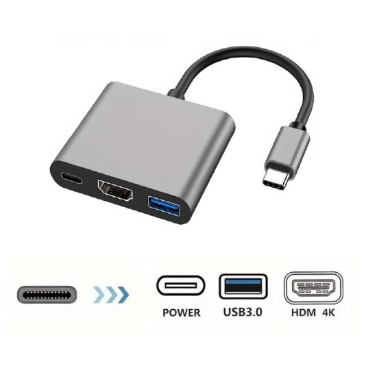Adaptador USB 3 en 1 Tipo C a USB 3.0/ HDMI/ USB Tipo C, Cuerpo de Aluminio, Color Gris, USBC-300