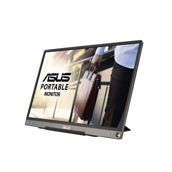 Monitor portátil ASUS MB16ACE ZenScreen de 15.6", con tecnología LED, resolución Full HD de 1920x1080, conexión USB-C, tiempo de respuesta de 5ms GTG, frecuencia de actualización de 60Hz, en color gris.