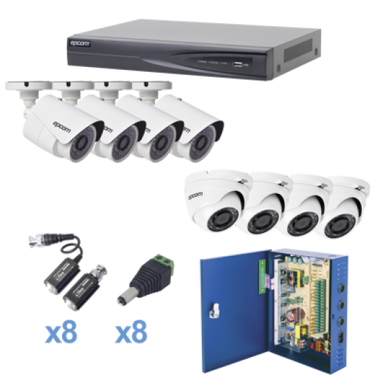 Kit DVR EV1008TURBOX+4 cámaras tipo bala+4 Eyeball Blanco
