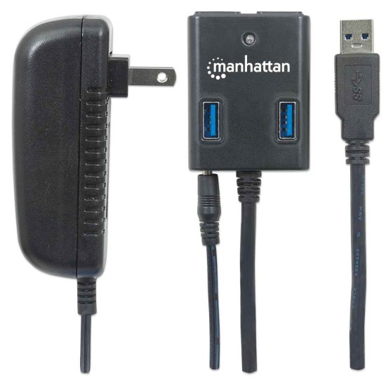 Hub USB 3.0 Manhattan 162302, Supervelocidad 4 Puertos con Adaptador de Energia