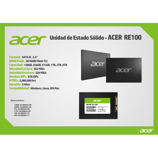 Unidad de Estado Solido 2TB Acer RE100, 2.5" Sata, BL.9BWWA.110