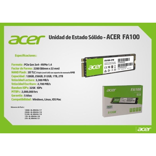 Unidad de Estado Solido 2TB Acer FA100, M.2, NVME PCI-Express, BL.9BWWA.121