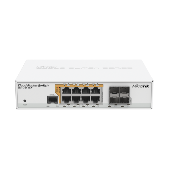 Cloud Router Switch Administrable L3, 8 puertos 10/100/1000 Mbps c/PoE Pasivo ó 802.3af/at, 4 Puertos SFP, Mikrotik CRS112-8P-4S-IN