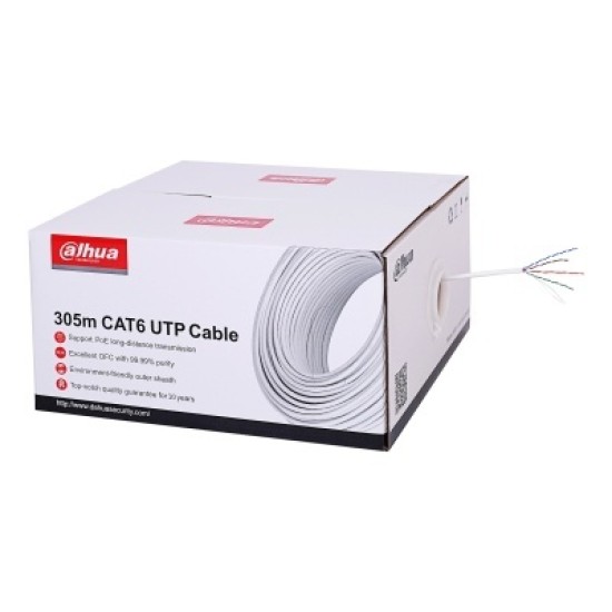 Bobina de cable UTP CAT6 100% cobre Dahua DH-PFM923I-6UN-C, color blanco / interior / 305metros / redes / video, DH-PFM923I-6UN-C