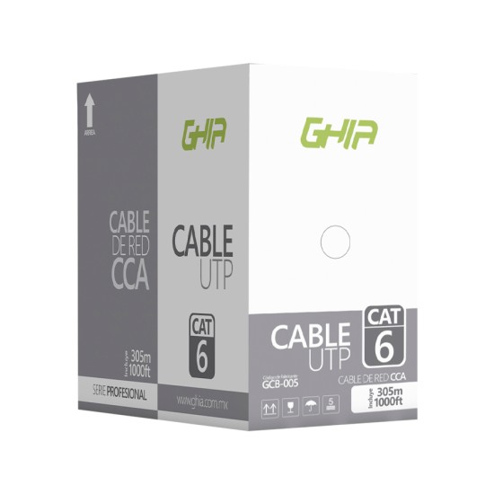 Bobina de cable UTP Cat6 GHIA GCB-005 color gris 23AWG 305 metros 1000FT Certificación CE/ROHS