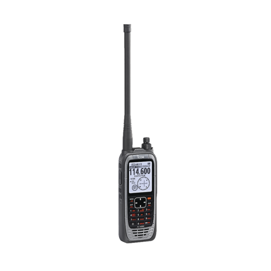 Radio portátil aéreo VHF con display de 2.3 pulgadas y teclado, 6W (PEP) de potencia, navegación, bluethooth y GPS, batería, cargador, antena y clip incluidos, ICA25N