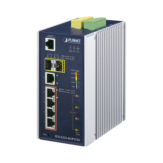 Switch Industrial Administrable Planet 4 Puertos Gigabit con Ultra POE 802.3AF/ AT 2 Puertos SFP, IGS-5225-4UP1T2S